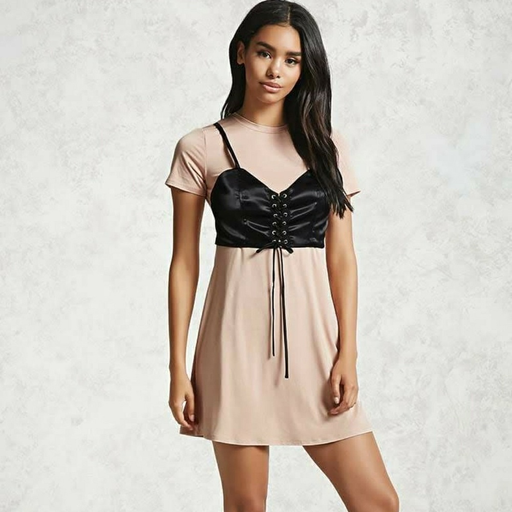 Light Pink Satin Corset T-Shirt Dress